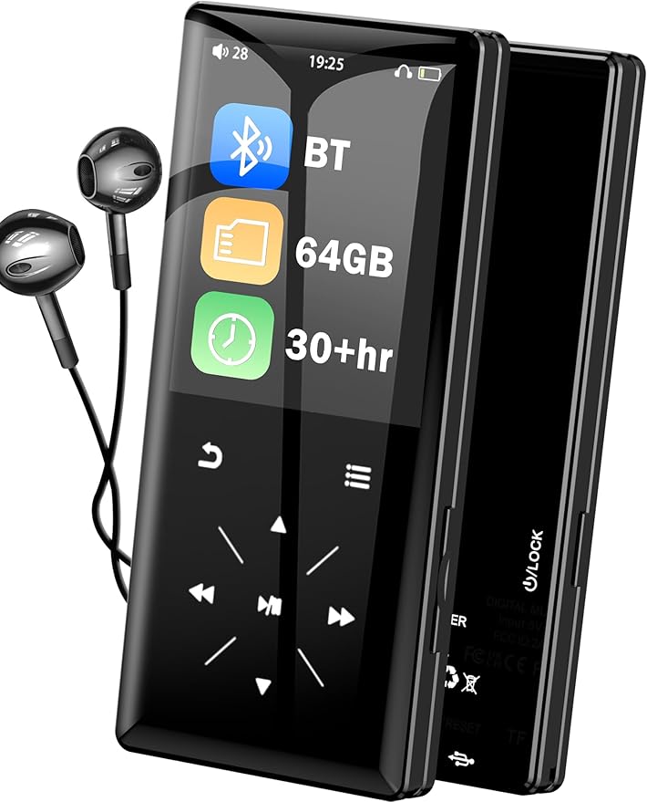 64GB Bluetooth MP3 Player - 2.4" Screen Portable HiFi Mp3 Player with Built-in Speaker, MP3 Music Player with Voice Recorder, FM Radio, Touch Buttons,Support up to 256GB SD Card