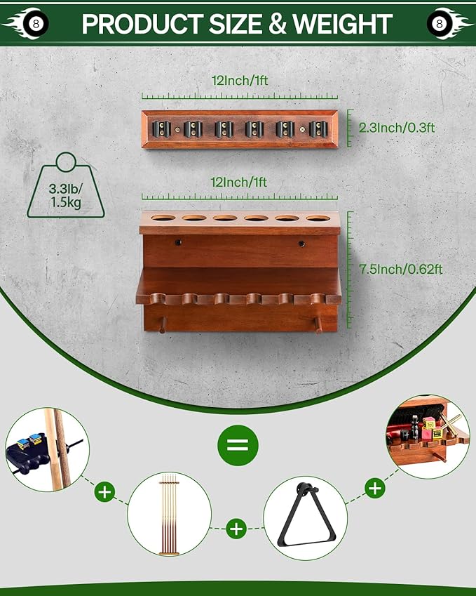 Wall Mount Pool Stick Holder - Billiards Pool Cue Rack Hardwood Pool Cue Set Holder for 6 Cues Sticks Storage Pool Table Accessories Equipment Organizer