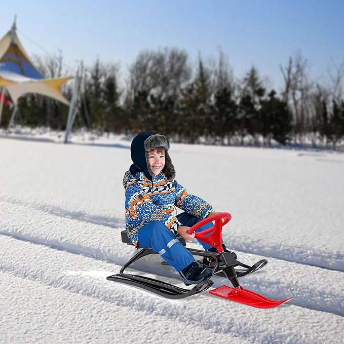 Snow Racer Sled for Kids, Dual Brakes Snowmobile Sled Ski with Steering Wheel, Snow Sledge for Skiing, Ice Skating, Sand Skating, Single Rider 45 x 20 x 15 inches