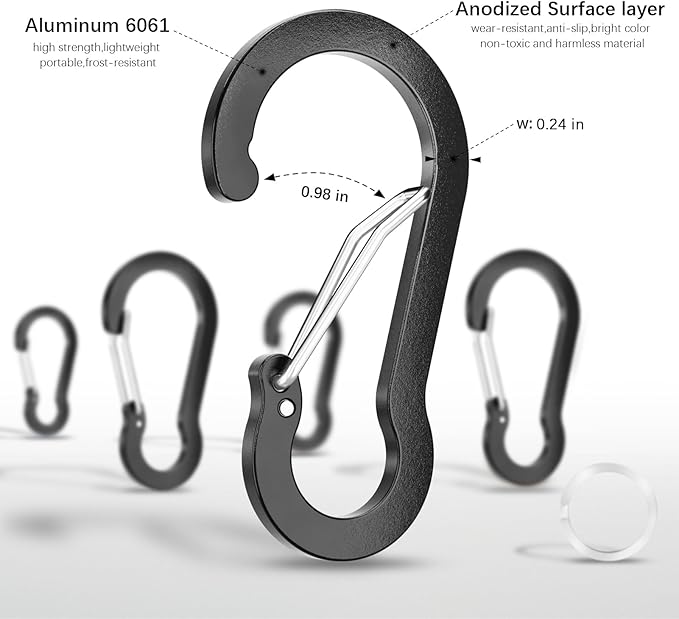 sprookber 3.2 Inch Aluminum Carabiner Clips D Ring, Caribeaner Spring Snap Hook with Keychain for Camping, Hiking, Gym & Outdoor Gear, Set of 10