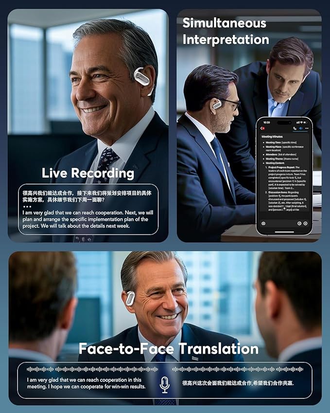 AI Language Translation Earbuds, Bluetooth 5.4 Headphones Translator for 144 Languages & Accents, OWS LCD Touch Screen Real-Time Earphones Fit iOS and Android Ideal for Travel Business Learning,Silver