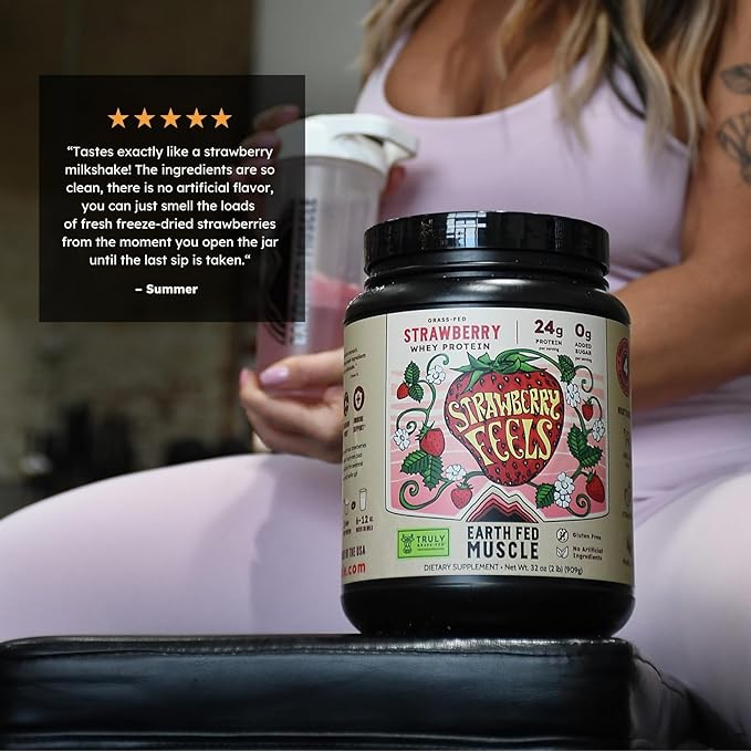 Earth Fed Muscle Strawberry Feels (Forever) – Irish Truly Grass‑Fed Whey Protein Isolate, No Sugar, Soy‑Free, Gluten‑Free (2 lb, 29 Servings, Strawberry)