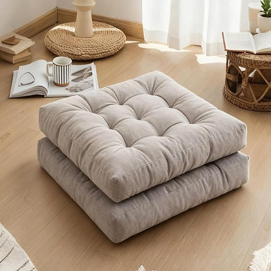 Tiita Meditation Floor Pillows, 22 Inch Square Floor Cushions for Adults, Thicken Tufted Seat Pad Set of 2, Large Floor Cushion for Yoga Garden Living Room Balcony Office Tatami, Grey