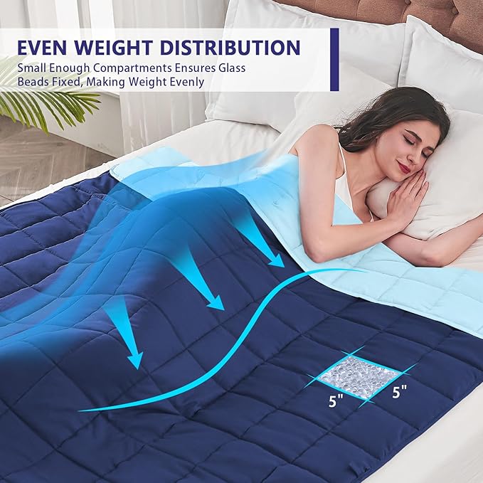 yescool Weighted Blanket for Adults (25 lbs, 60" x 80", Navy & Blue) Cooling Heavy Blanket for Sleeping Perfect for 240-260 lbs, Queen Size Breathable Blanket with Premium Glass Bead, Machine Washable