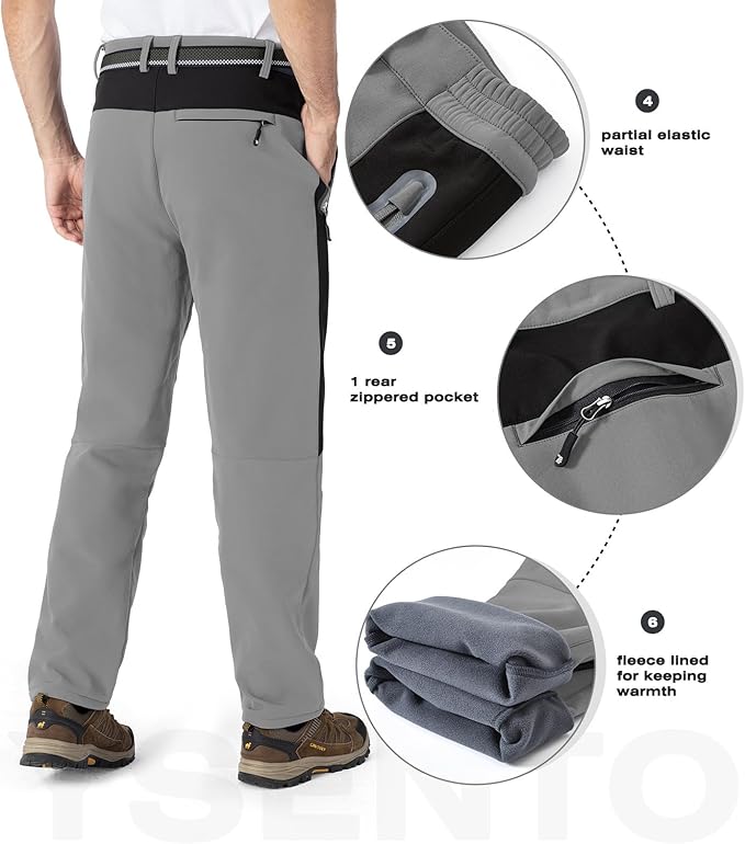 YSENTO Men's Fleece Lined Ski Snow Pants Winter Waterproof Softshell Insulated Hiking Cargo Pants