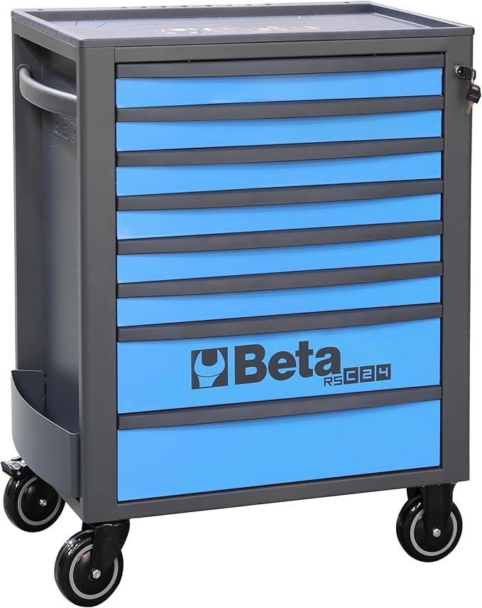 Beta RSC24 Heavy Duty Rolling Tool Cabinet, 8 Drawers, Blue, Ball Bearing Slides, Rubber Mat Liners, 5" Casters, Anti-Fall Edge Worktop, 1760 lbs Load Capacity, Made in Italy