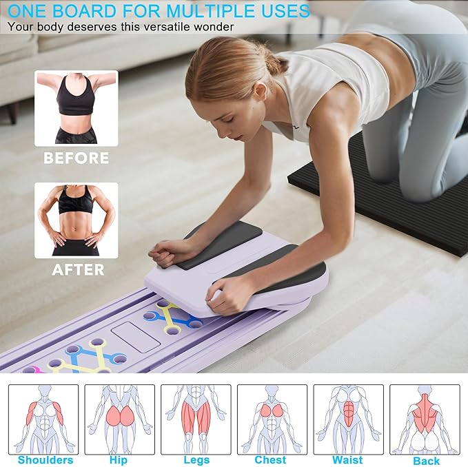 Pilates Board, 6 in 1 Pilates Reformer Set, Foldable Pilates Reformer Machine with Resistance Bands & Ab Trainer for Home Workout, Portable Pilates Board for Women