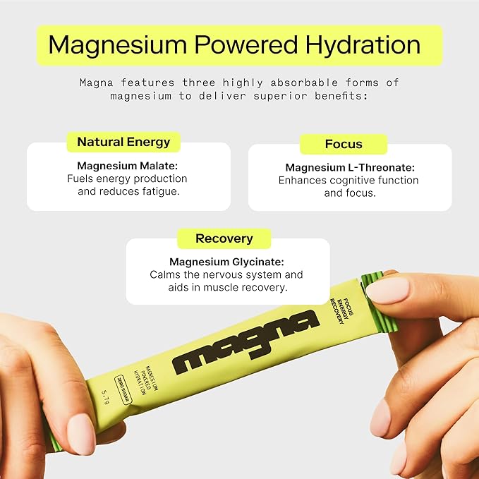 MAGNA Electrolyte Powder Drink Mix for Hydration, Energy & Focus Support with Magnesium L Threonate, Malate & Glycinate, Sodium, Potassium, Vitamin D, B6 & B12, Unflavored, 14 Servings