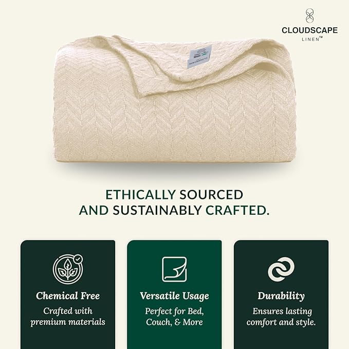 Cloud Scape Linen Herringbone Cotton Throw Blanket for Couch, Bed,Sofa, Home Decor, Soft, Lightweight, All-Season Bed Blanket, 50 x 70, Ivory