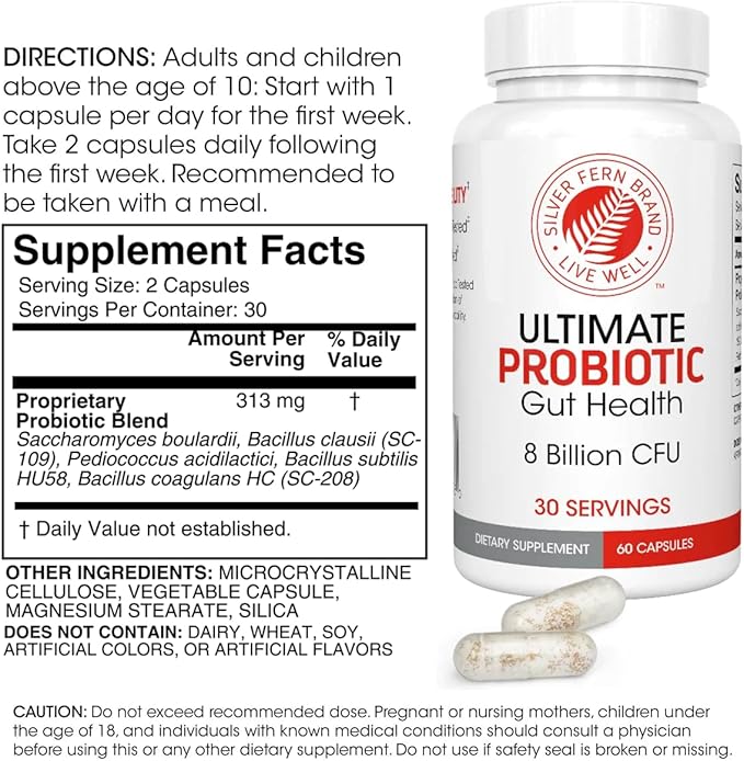 Silver Fern Brand Ultimate Probiotic - Probiotics for Women & Men - 8 Billion CFU Spore-Forming Gut Health Supplement - DNA Verified, Vegan, Shelf-Stable, High Survivability - 60 Capsules