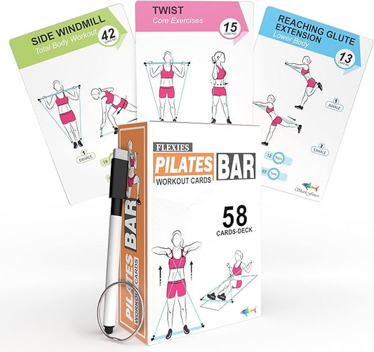 Pilates Bar Workout Cards - 58 Exercise Cards with Pilates Stick Work Out Postures, Instructions & Breathing Tips | Free Ring & Dry-Erase Marker to Create Your Customize Workout Planner Chart