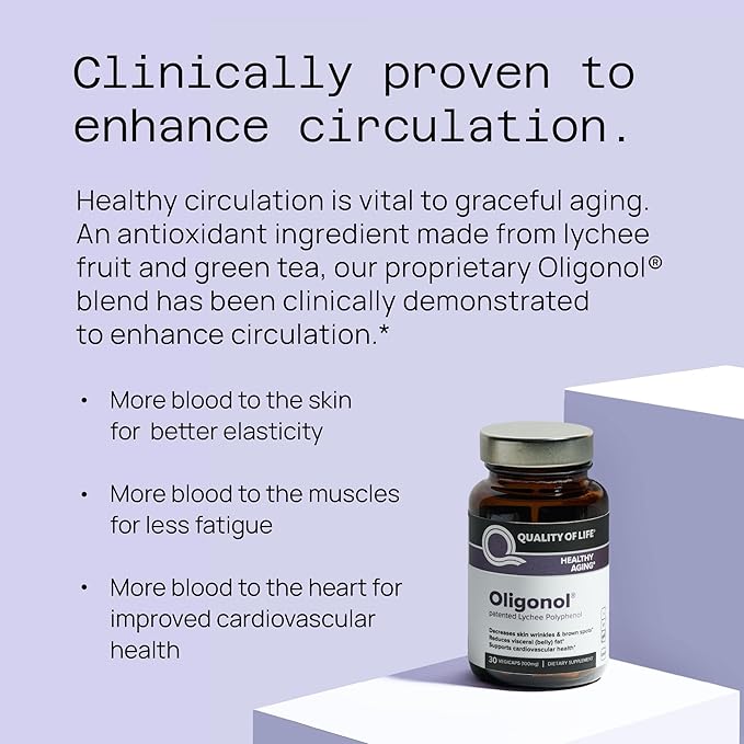 Quality of Life Oligonol Premium Anti Aging Supplement - Promotes Cardiovascular Health, Circulation & Youth, Includes Antioxidants - Lychee Fruit Extract - 30 Vegicaps
