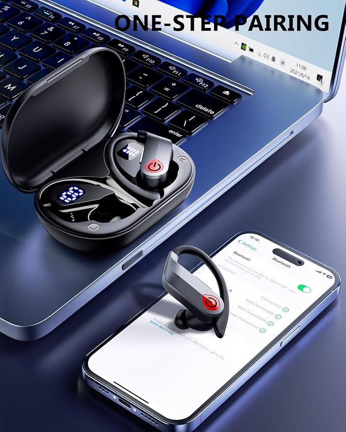 EUQQ Ear Buds Wireless Bluetooth Earbuds, Noise Cancelling Headphones 120H Playtime,IPX7 Waterproof Sports with Earhooks,LED Display Wireless Earphones for Running Gym Workout-Black