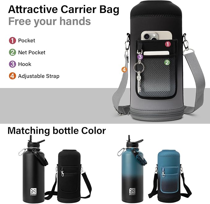 Insulated Water Bottle | Thickened Stainless Steel for Gym and Hiking with Straw, Carrier Bag, Handle Strap | BPA-Free 87 oz