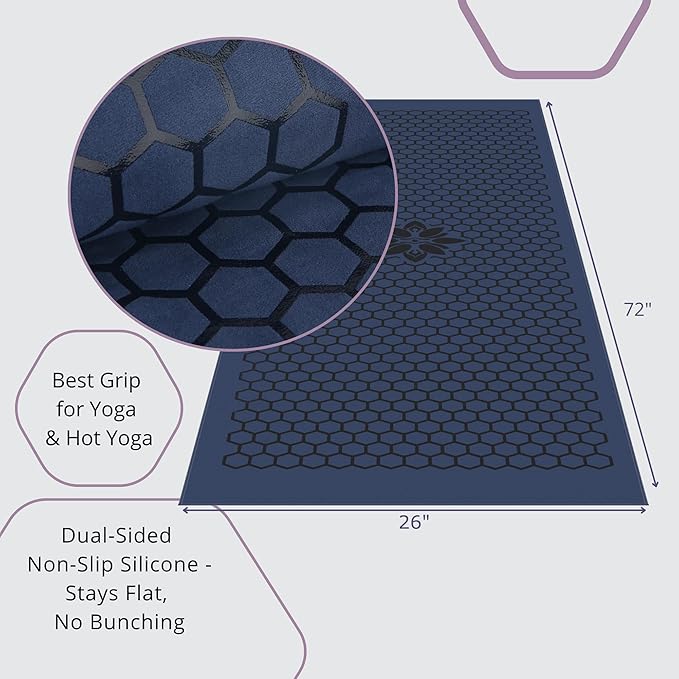 Clever Yoga Non-Slip Hot Yoga Towel – Non-Slip Grip for Hot Yoga, Sweat Absorbent, Honeycomb Silicone Grip, Stays Flat – Ideal for Pilates, Travel, Washable & Lightweight - Dark Blue