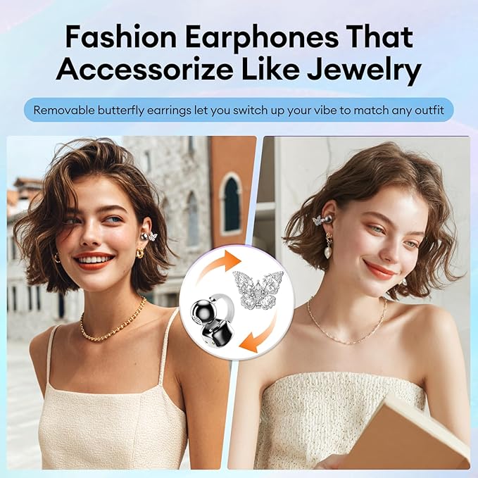 PAXA Bling Open Ear Clip On Earbuds with LED Display & Crystal Butterfly Earrings, Comfort Bluetooth 5.4 Wireless Ear Buds 50H Playtime for Women Girl Work, Fitness, Daily Wear, Gift, Silver