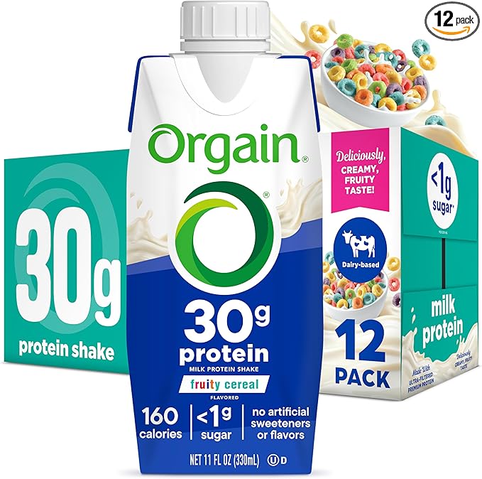 Orgain 30g High Protein Shake, Dairy Isolate Milk Protein, Fruity Cereal, 6g BCAAs, <1g Sugar Per Serving, Meal Replacement, Ready to Drink, Keto Friendly, Gluten-Free 11 Fl Oz (Pack of 12)