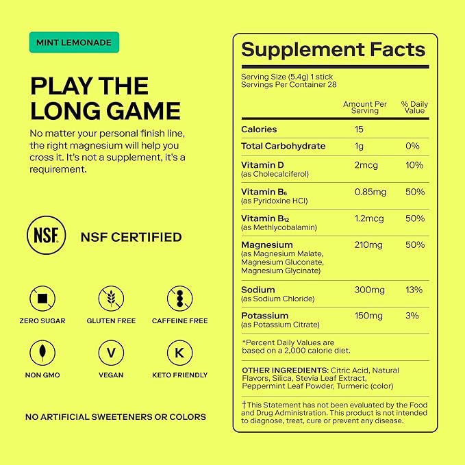 Magna Electrolyte Powder Drink Mix for Hydration, Energy & Focus Support with Magnesium L Threonate, Malate & Glycinate, Sodium, Potassium, Vitamin D, B6 & B12, Mint Lemonade Flavor, 28 Servings