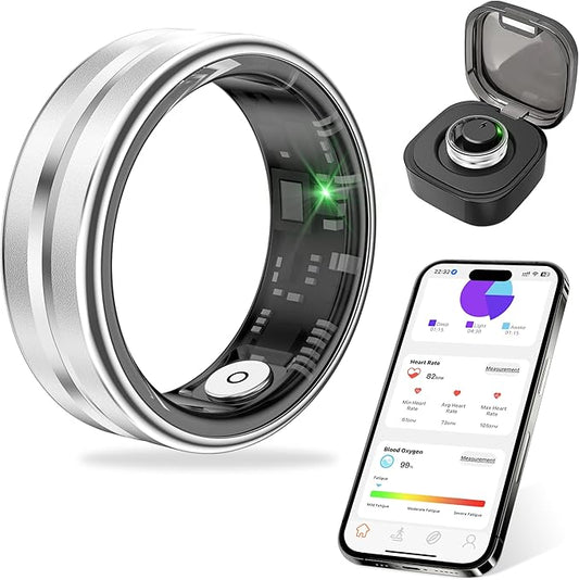 Thin Smart Ring for Fitness & Health Tracking -Pedometer,Sleep/Heart Rate/Blood Oxygen Monitor, Gesture Control / 5ATM Waterproof -No APP Subscription Compatible with Android& iOS (Silver, 8)