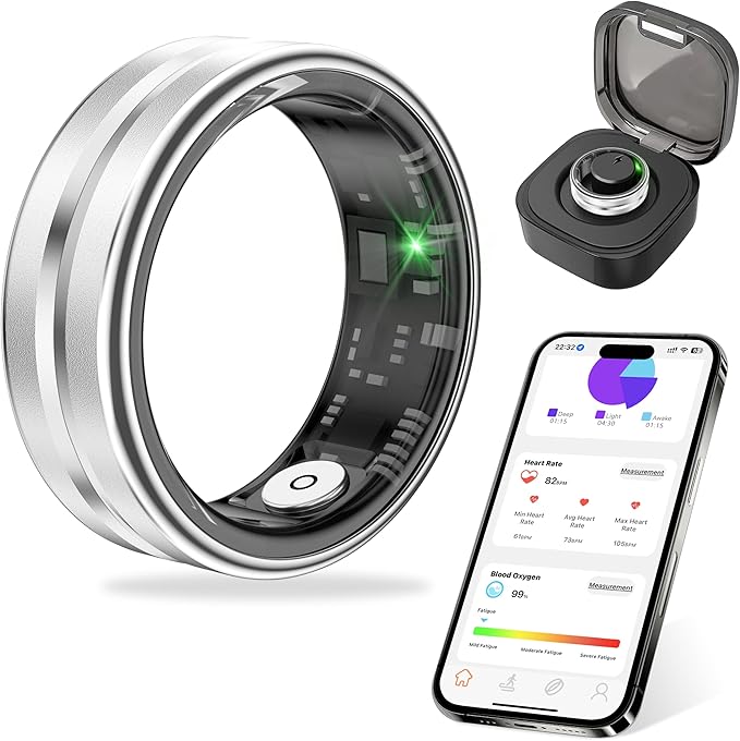 Thin Smart Ring for Fitness & Health Tracking -Pedometer,Sleep/Heart Rate/Blood Oxygen Monitor, Gesture Control / 5ATM Waterproof -No APP Subscription Compatible with Android& iOS (Silver, 10)