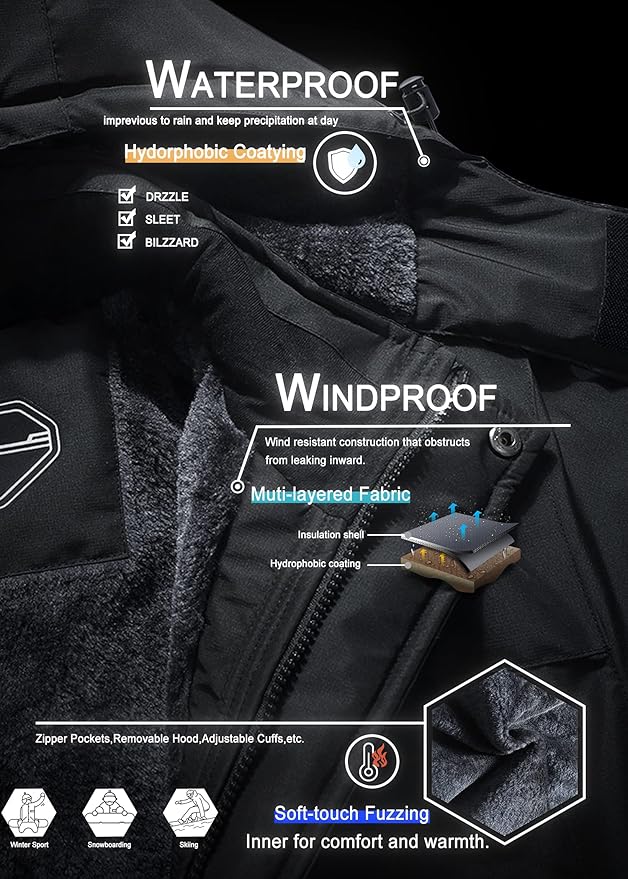 OTU Men's Waterproof Ski Jacket Snowboarding Windbreaker Warm Winter Hooded Mountain Snow Coat Large