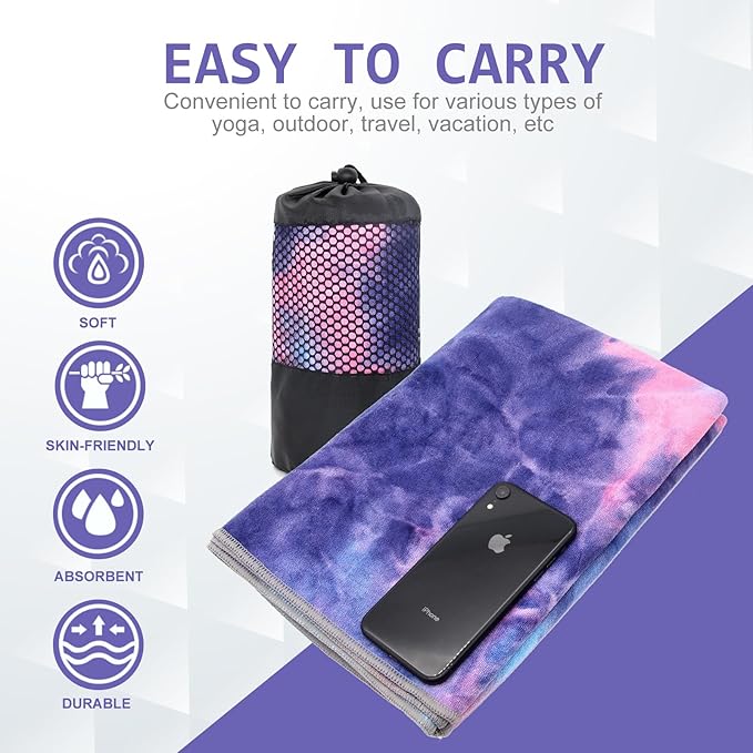 Eunzel 2 Pack Yoga Towel,Hot Yoga Mat Towel with Grip Dots Sweat Absorbent Non-Slip for Hot Yoga, Pilates and Workout 24" x72,Purple & Blue/Green & Purple (2 Pack)