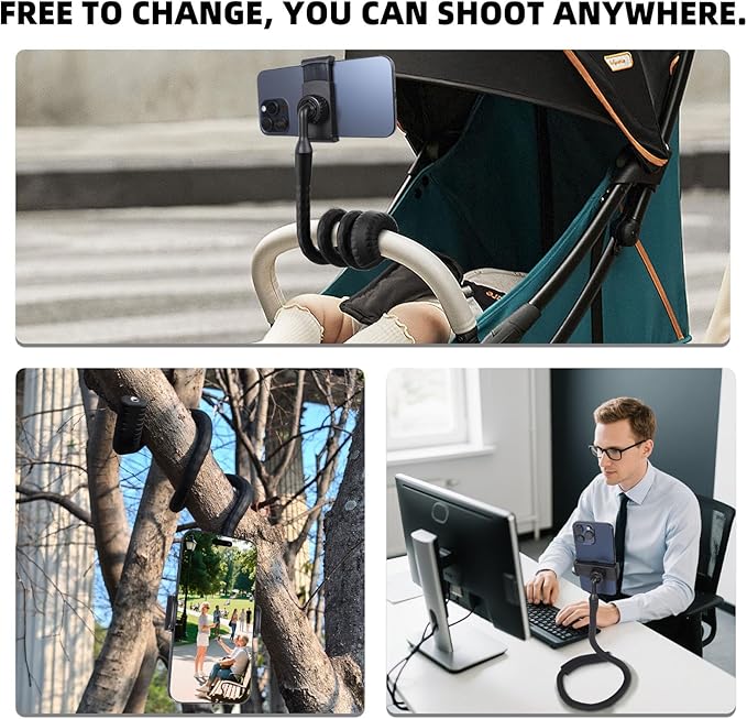 Portable Flexible Phone Holder with Handle for Treadmill, Spin Bike, Stroller, Tripod, Shopping Cart, Desk, Logitech Webcam, 23.6" / 60cm Long Arm Gooseneck Phone Mount for 4.7”- 7" Cell Phones