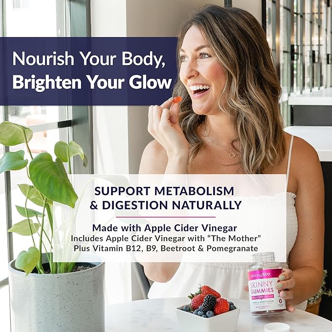 SkinnyFit Skinny Gummies Apple Cider Vinegar Gummies w/ The Mother, Healthy Weight, Immune Support, Vitamin B9, B12, Beetroot, Pomegranate, Vegan-Friendly, 60 Count