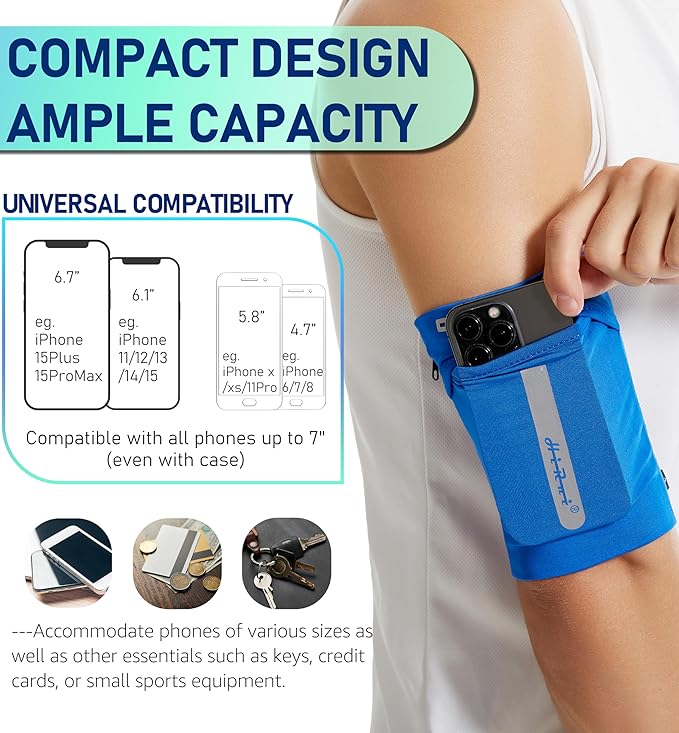 HiRui Running Armband Sleeve Universal Sports Armband Cell Phone Holder Armband for Exercise Workout, Compatible with iPhone 16/15/14/13/Plus/Pro Samsung Galaxy All Phones (M, Blue)