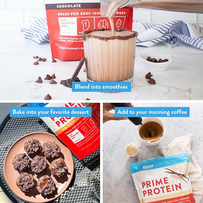 Equip Foods Prime Protein Powder | Clean, Grass Fed Beef Protein Isolate | Carnivore Protein Powder | Paleo, Keto Friendly | Gluten, Dairy Free | Helps Build & Repair Tissue | 30 Servings, Chocolate