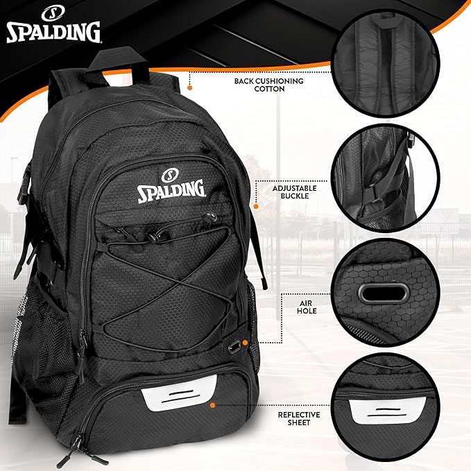 Spalding Basketball Backpack - Black Sports Bag with Ball & Shoe Compartment, Basketball Accessories Bag