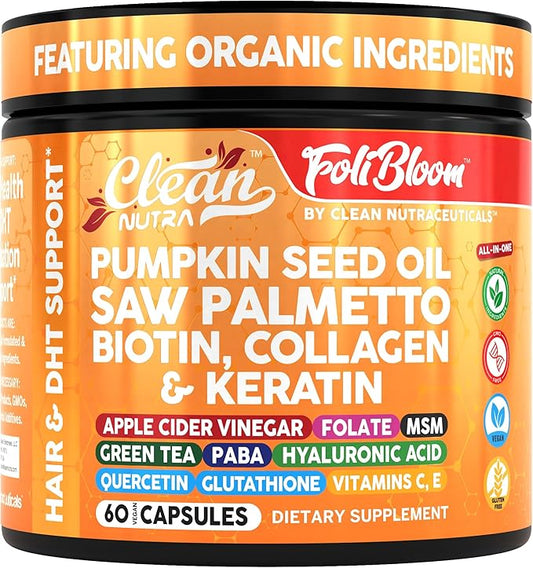 Clean Nutra Pumpkin Seed Oil Saw Palmetto Biotin Collagen Keratin MSM Folate Hyaluronic Acid Supplements B12 Zinc Hair Supplement for Women Men Iodine 5-MTHF B-12 Vitamin B9-60 Vegan Capsules Count