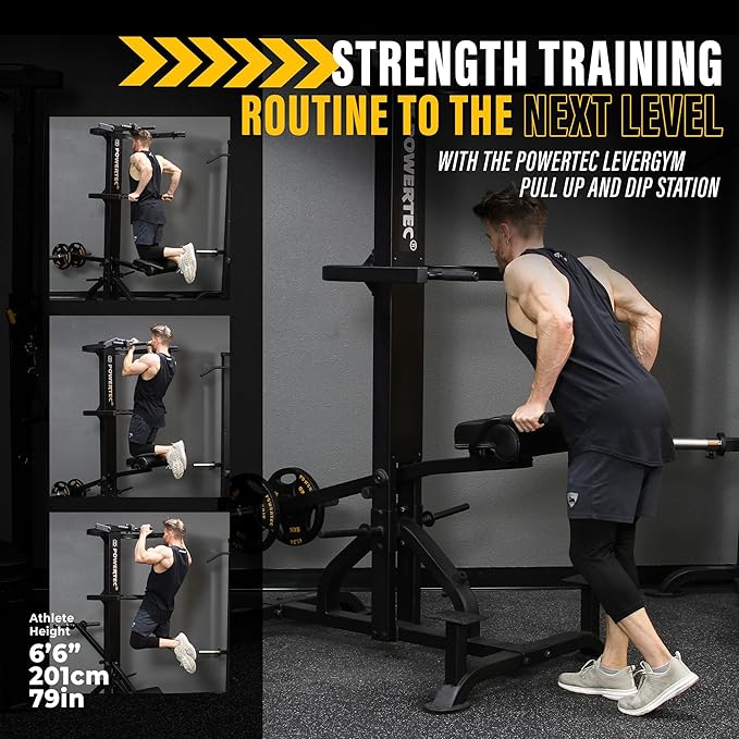 PowerTec Levergym Assisted Chin Up Bar and Dip Station, 400 lbs Max Load - Pullup Bar and Home Gym Equipment with Loaded Weights for Resistance Assist - Workout Equipment for Home Workouts