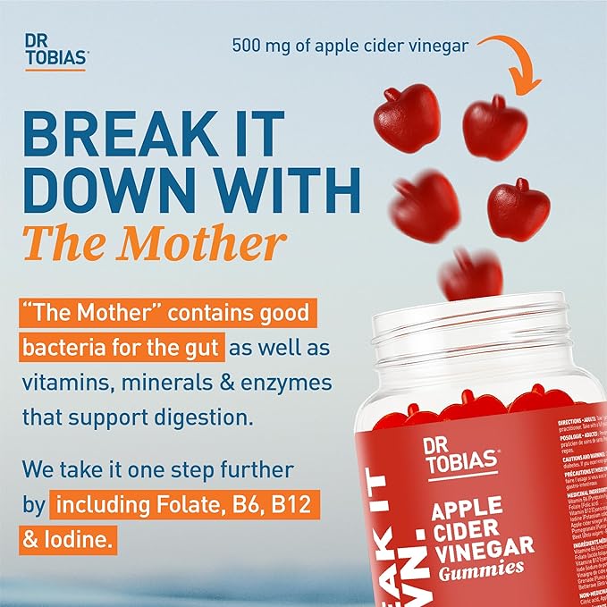 Dr. Tobias Apple Cider Vinegar Gummies, Includes 500 mg Apple Cider Vinegar with Mother, Folate, B12 & Iodine, Supports Gut Health, Cleanse & Detox, Vegan, Gluten-Free, 60 Gummies