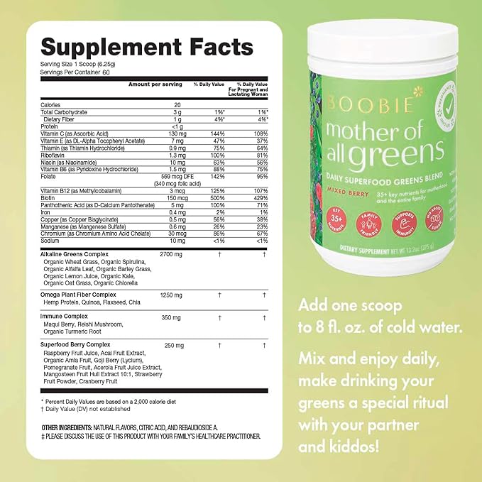 Boobie Mother of All Greens | Your New Family Ritual, Daily Super Greens Powder with 35+ Essential Nutrients for Moms & Families | Vegan, Gluten Free, & Sugar Free | Mixed Berry Flavor, 60 svgs