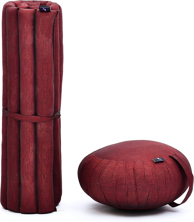 Leewadee Meditation Cushion Set – 1 Round Zafu Meditation Pillow and 1 Square Roll-Up Zabuton Meditation Mat, Pillows Bundle Filled with Kapok