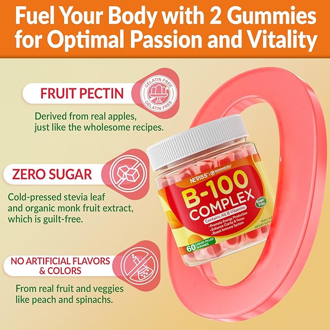 Super Vitamin B Complex Gummies - All B Vitamins Including Methyl B12, B1, B2, B3, B5, B6, Biotin, Methylfolate with Vitamin C, Choline, Inositol, PABA for Energy, Brain & Immune Support, Sugar Free
