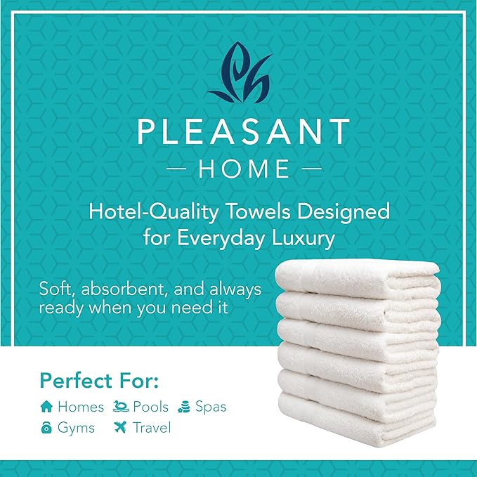 Pleasant Home Bath Towels Set of 6 (24” x 50”) 100% Cotton, 515 GSM | Lightweight, Soft & Absorbent Luxury Towels for Bathroom | for Gym, Pool & Spa | 6 Pack, White