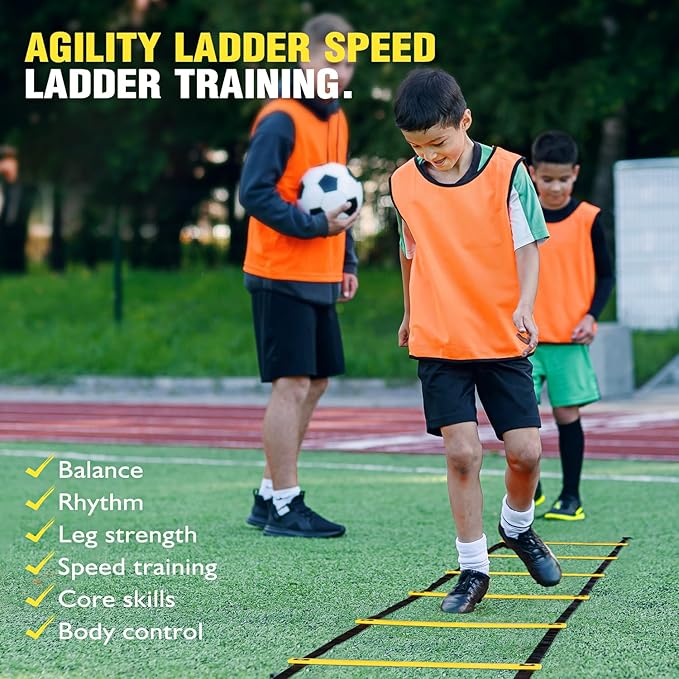 Soccer Training Equipment, Speed Agility Training Equipment for Kids Youth Adults, 20ft Agility Ladder, 4 Hurdles, Jump Rope, 12 Soccer Cones, Running Parachute, Football Training Equipment