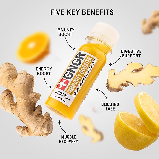 '+GNGR Immunity Booster Organic Ginger and Turmeric Shot - Cold Pressed Ginger Shots with Turmeric, Cayenne Pepper, Orange, Lemon for All Natural Immune & Digestive Support (2 Oz, Pack of 12)
