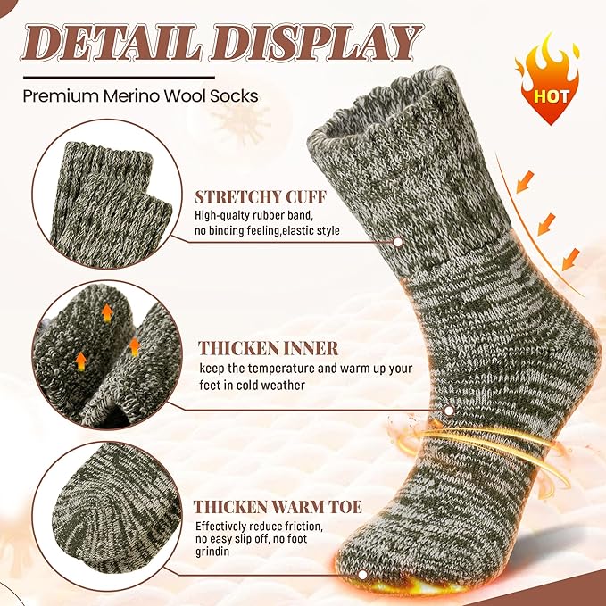 Merino Wool Boot Socks Thermal Winter Ski Thick Warm Hiking Socks for Women Men 3 Pairs