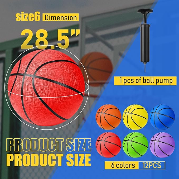 Jerify 12 Pack Official Size Rubber Basketballs for Kids Child Junior Youth Indoor Outdoor Sports Basket Balls with Pump Back to School Student Gifts Operation Christmas Bulk Items
