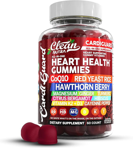 Clean Nutraceuticals Coq10 Gummies | Red Yeast Rice Hawthorn Berry Ginger Turmeric Citrus Bergamot Hibiscus Vitamin K2+D3 Magnesium Glycinate Cayenne Pepper Fenugreek Orange Flavor CardiGuard