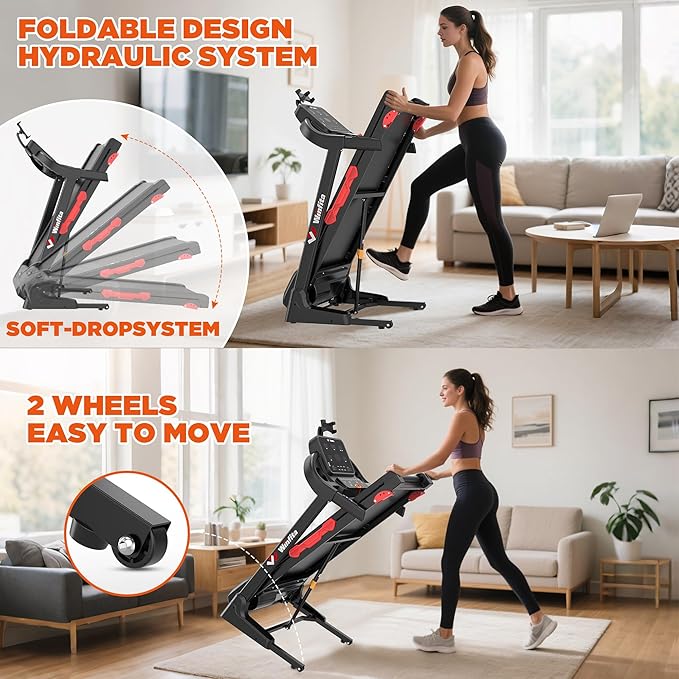 Treadmill with Incline, 300 LBS Capacity, 8 MPH or 10 MPH Speed, Bluetooth, App, Pause Function, Folding Treadmills for Home with 64 Programs, 17'' or 18'' Wide Belt, Heart Rate, BMI Detector