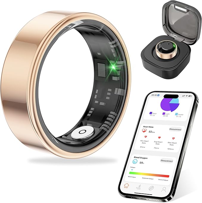 Thin Smart Ring for Fitness & Health Tracking -Pedometer,Sleep/Heart Rate/Blood Oxygen Monitor, Gesture Control / 5ATM Waterproof -No APP Subscription Compatible with Android& iOS (Rose Gold, 9)