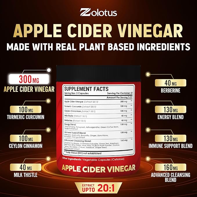 Zolotus 32 in 1 Apple Cider Vinegar Capsules with Turmeric, Cinnamon, Milk Thistle, Elderberry, Quercetin for Support Digestion, Immune 120 Capsules
