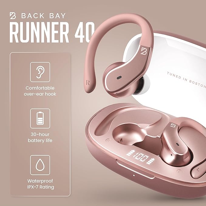 Back Bay Audio - Runner's Wireless Earbuds Bluetooth Headphones for Sports, Hook Over The Ear Buds, Deep Bass, Wrap Around Earphones with Earhooks for Running, Workout Wireless Headphones for The Gym