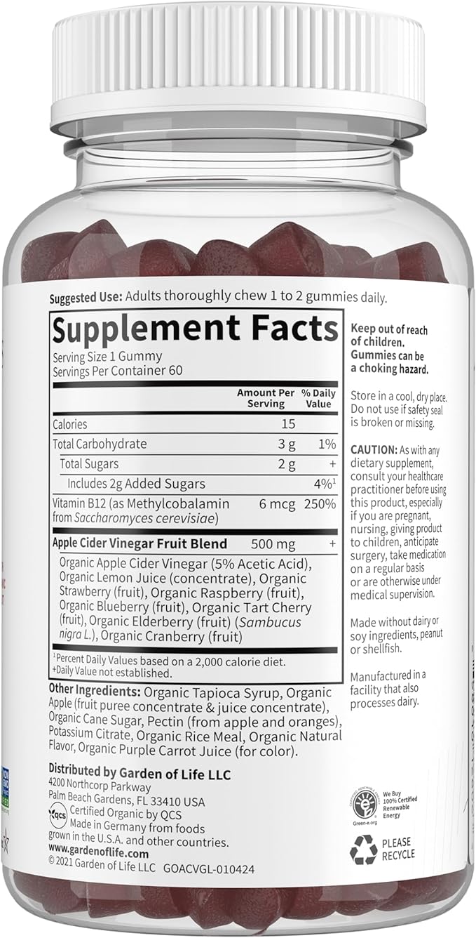 Garden of Life Apple Cider Vinegar Gummies USDA Organic ACV Gummy Vitamins Made with Real Fruit Blend, Whole Food Vitamin B12 - Vegan, Gluten Free, Non-GMO, Kosher - 60 Gummie