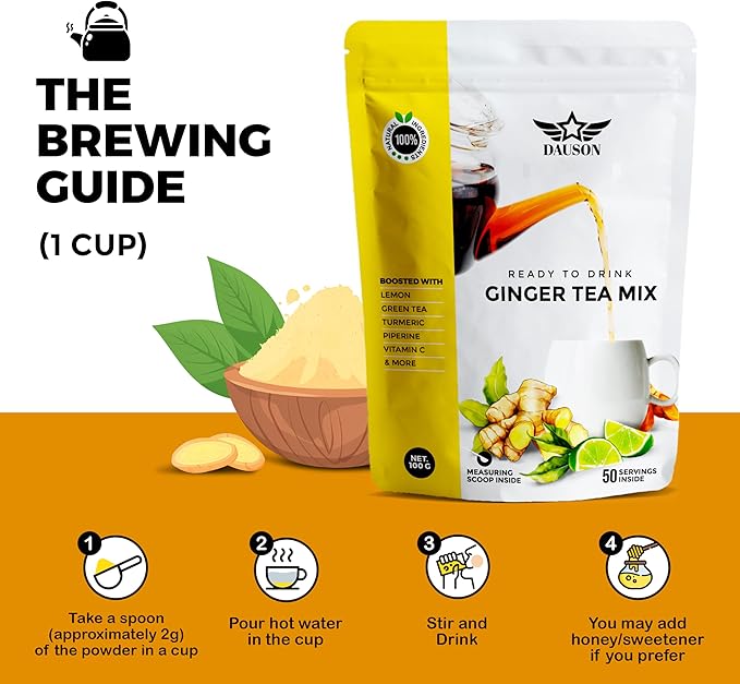 Ginger Tea Mix β 50 Servings | Instant Powder with Lemon, Turmeric, Licorice & Vitamin C | Caffeine-Free Herbal Blend with Green Tea Extract & Black Pepper | Natural Detox & Immune Support