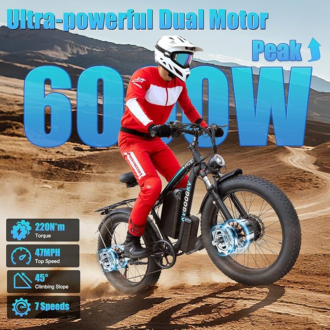 6000W Peak Electric Bike for Adults,58V Max-Output 1856Wh Dual Motor Ebike,47MPH 105Miles Range,24" x4.0 Fat Tire Hydraulic Disc Brake Front Fork Suspension E-Bike for Off-Road Mountain Snow Commuter